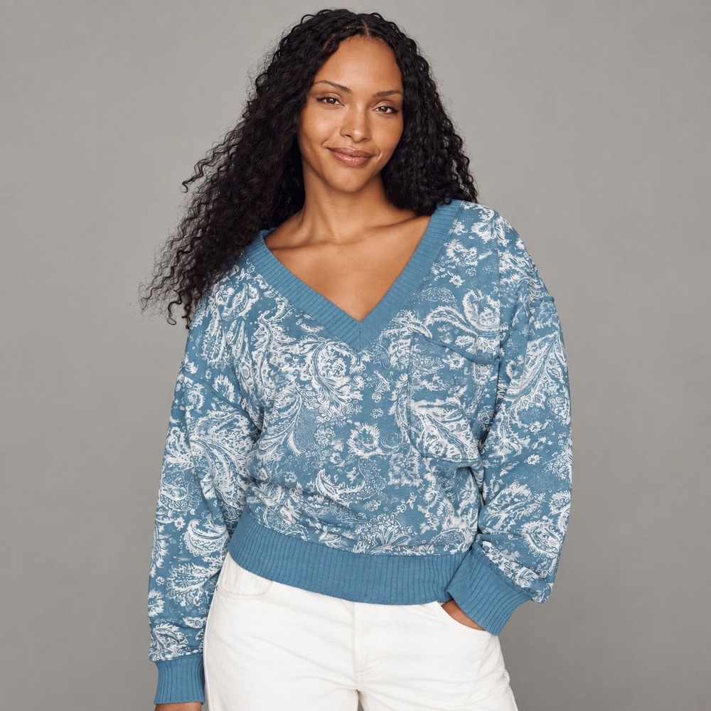 Pilcro Anthropologie Paisley Knit Top Size XL Blue Relaxed Fit